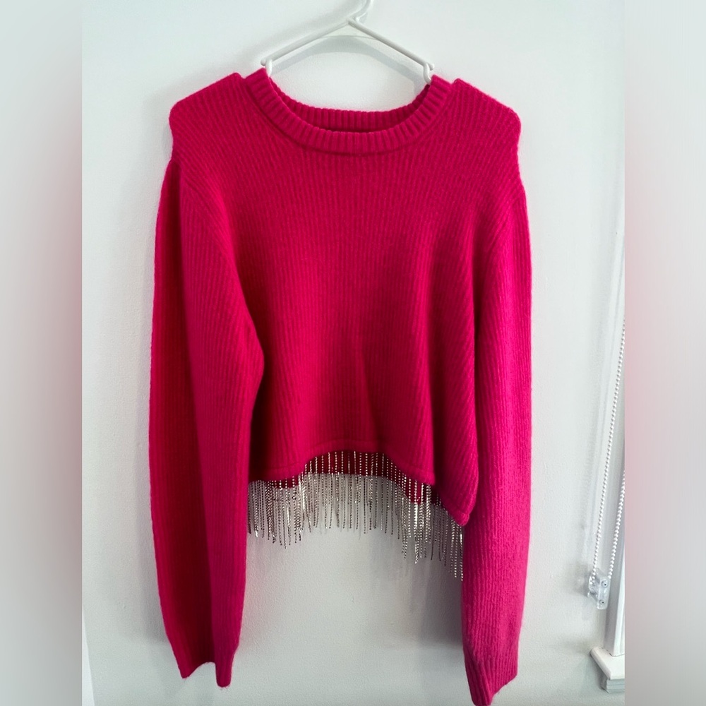 House of Harlow Hot Pink Sweater with Rhinestone Fringe Detail